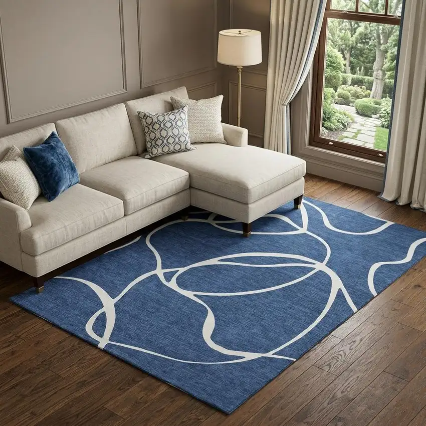 Navy Blue And Ivory Abstract Washable Area Rug With UV Protection Photo 1