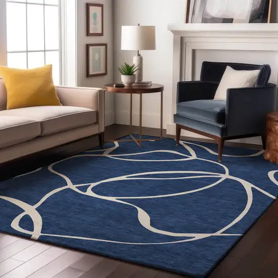 Navy Blue And Ivory Abstract Washable Area Rug With UV Protection Photo 4