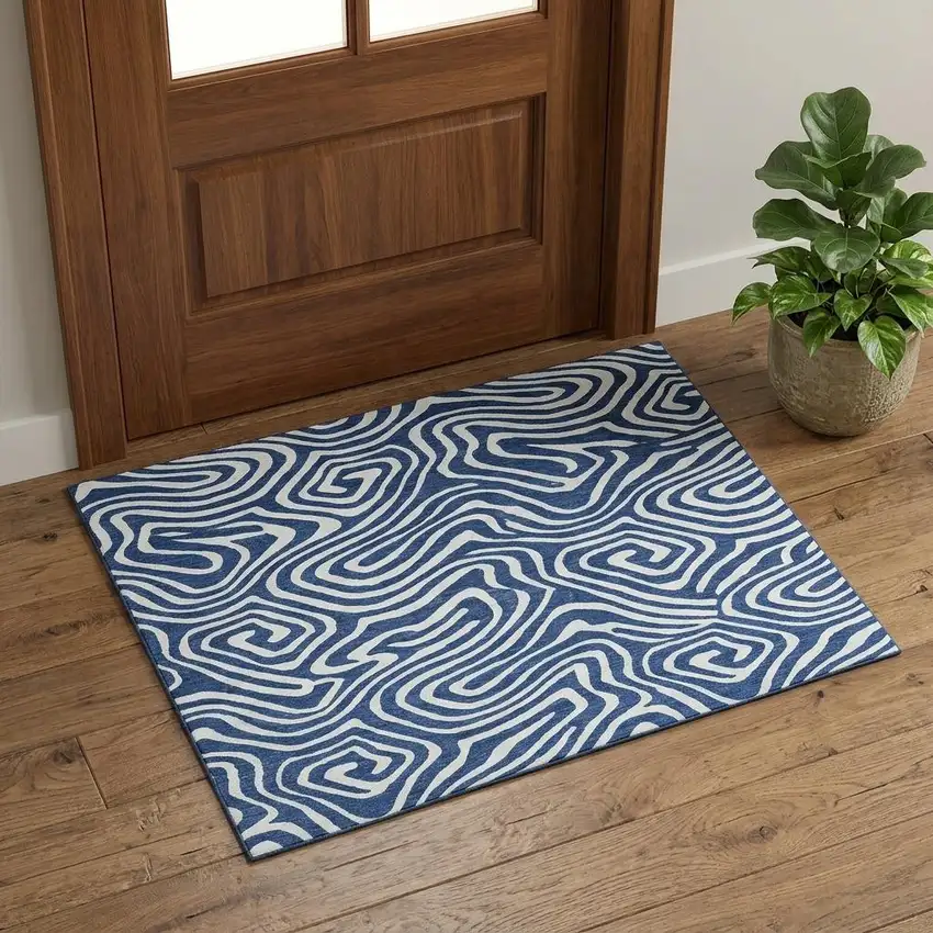 Navy Blue And Ivory Abstract Washable Area Rug With UV Protection Photo 1
