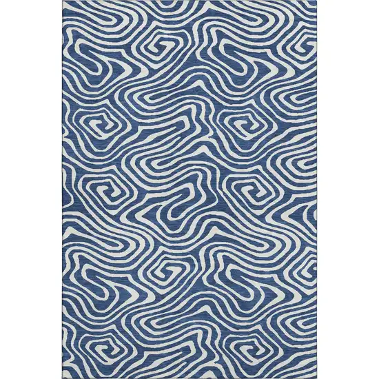Navy Blue And Ivory Abstract Washable Area Rug With UV Protection Photo 1