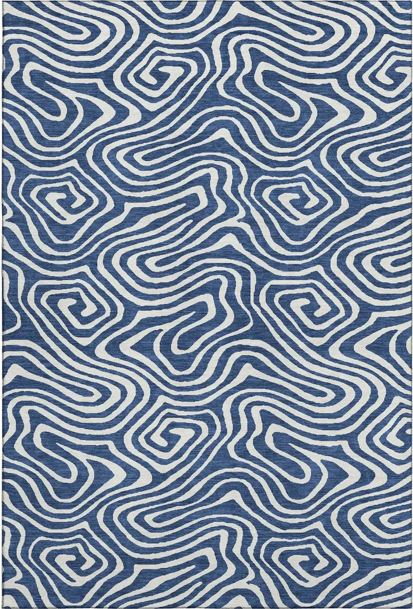 Navy Blue And Ivory Abstract Washable Area Rug With UV Protection Photo 1