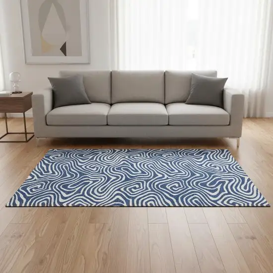 Navy Blue And Ivory Abstract Washable Area Rug With UV Protection Photo 2