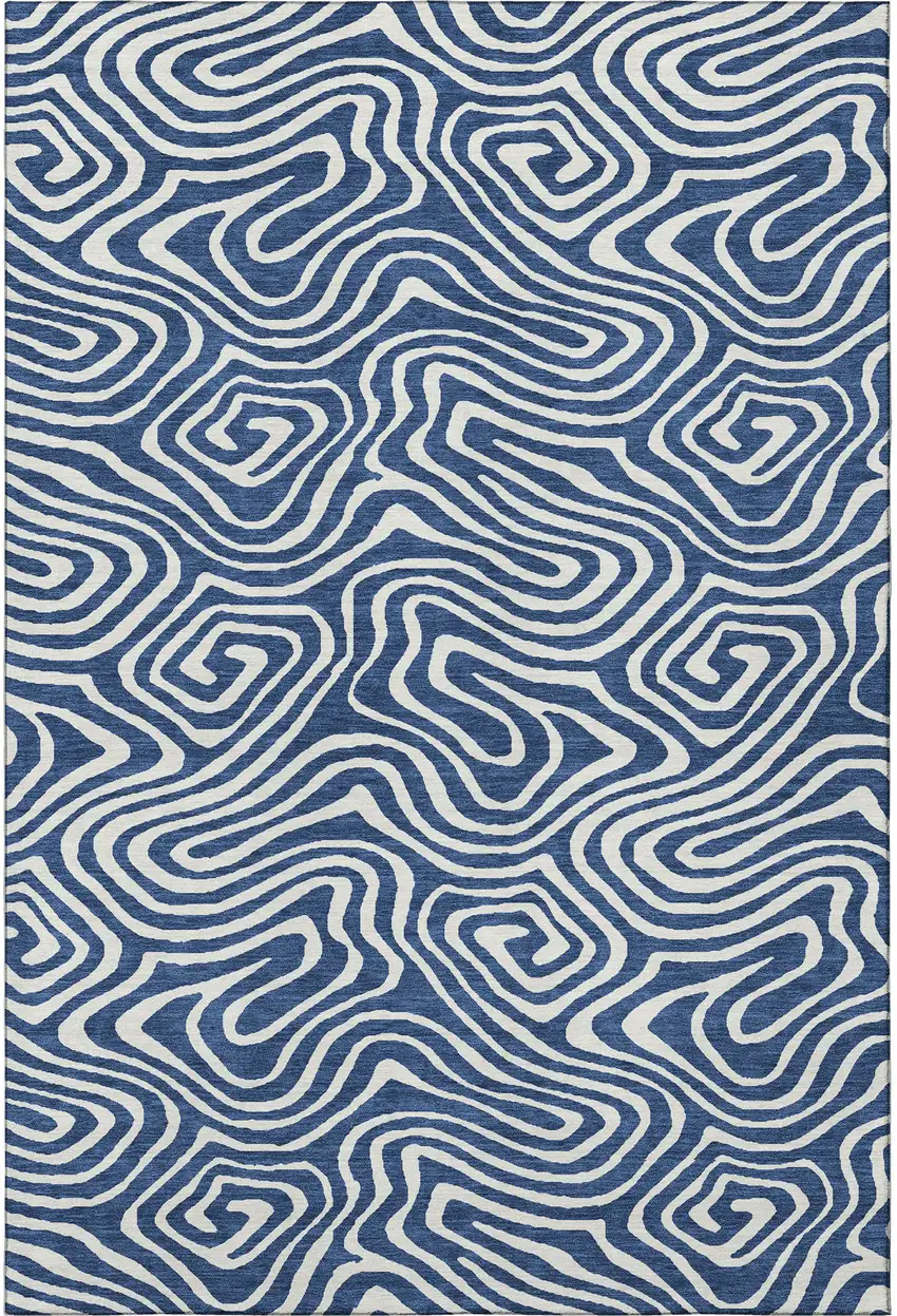 Navy Blue And Ivory Abstract Washable Area Rug With UV Protection Photo 3
