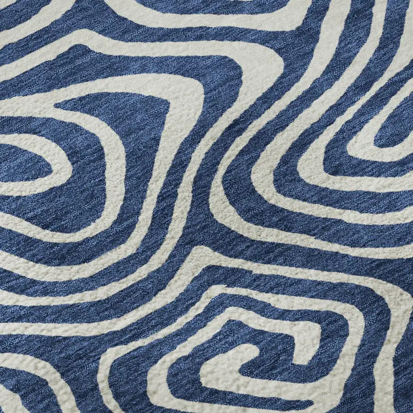 Navy Blue And Ivory Abstract Washable Area Rug With UV Protection Photo 9