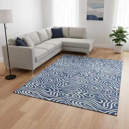 Navy Blue And Ivory Abstract Washable Area Rug With UV Protection Photo 2
