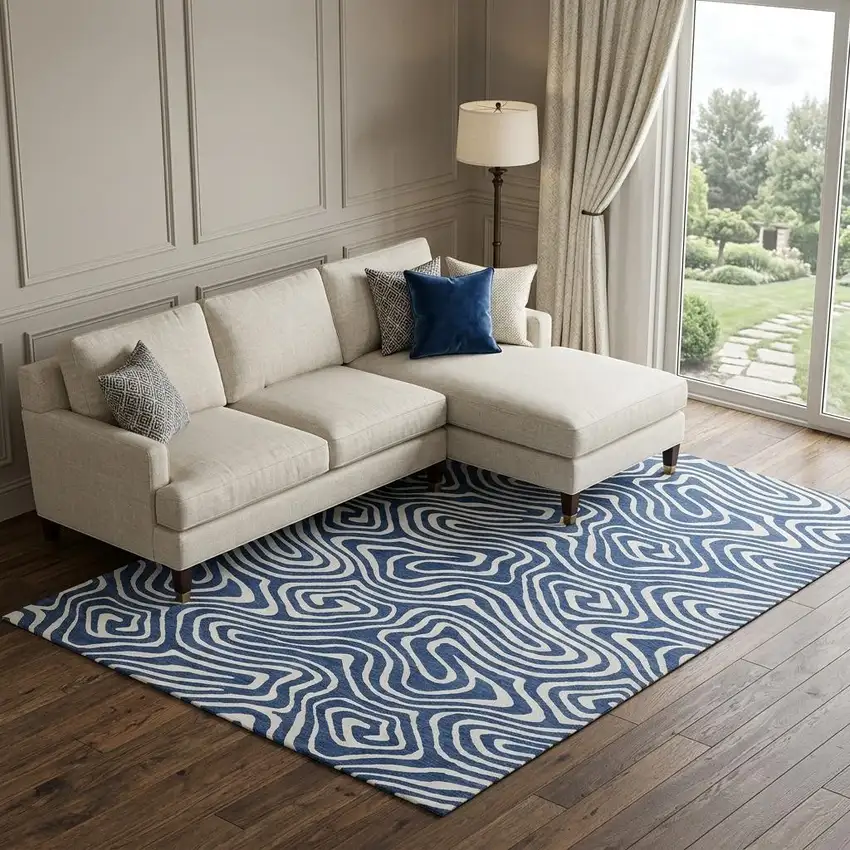 Navy Blue And Ivory Abstract Washable Area Rug With UV Protection Photo 1