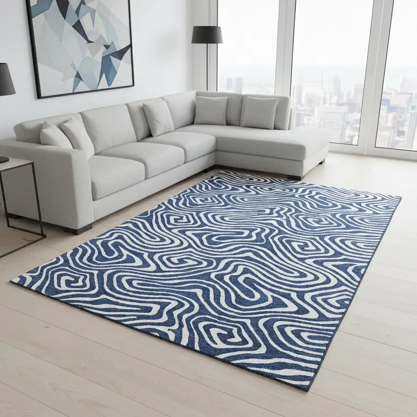 Navy Blue And Ivory Abstract Washable Area Rug With UV Protection Photo 2