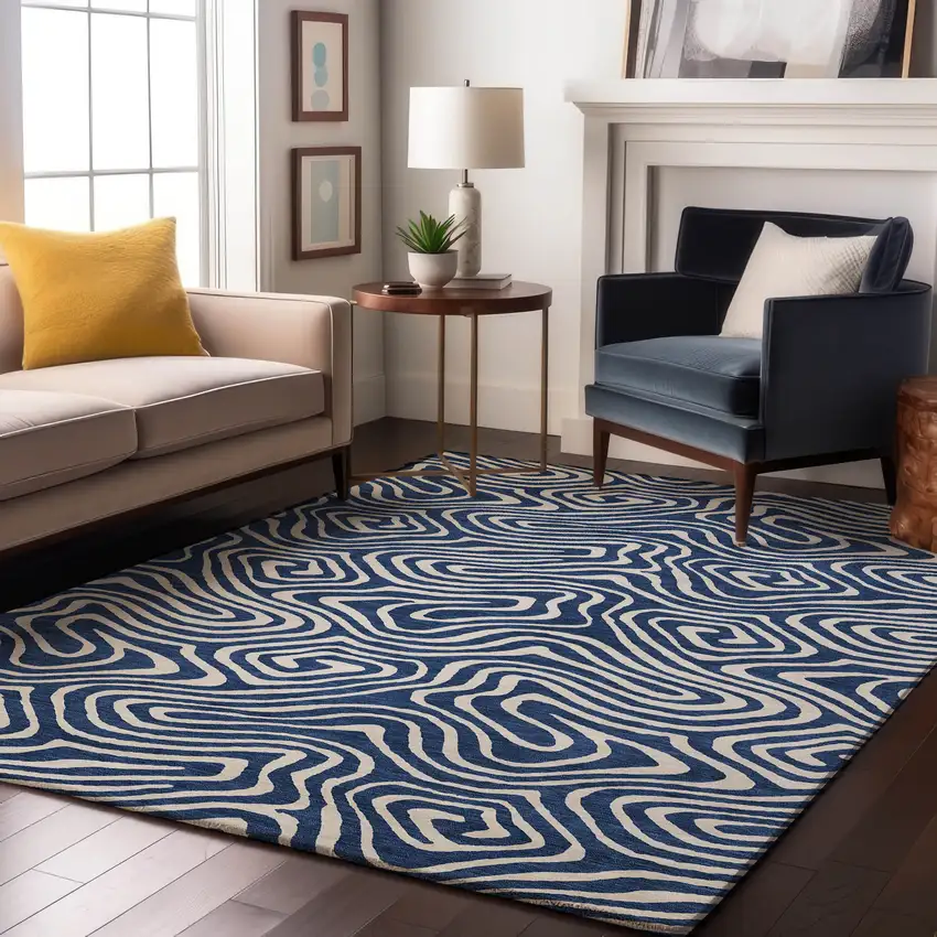 Navy Blue And Ivory Abstract Washable Area Rug With UV Protection Photo 4