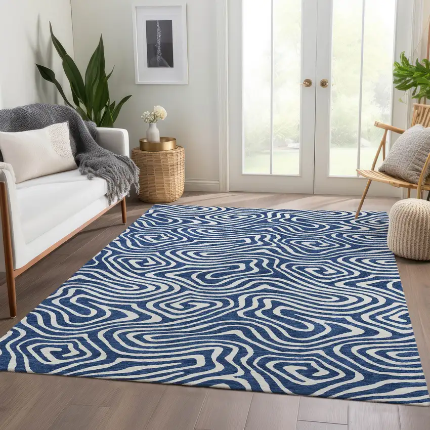 Navy Blue And Ivory Abstract Washable Area Rug With UV Protection Photo 5