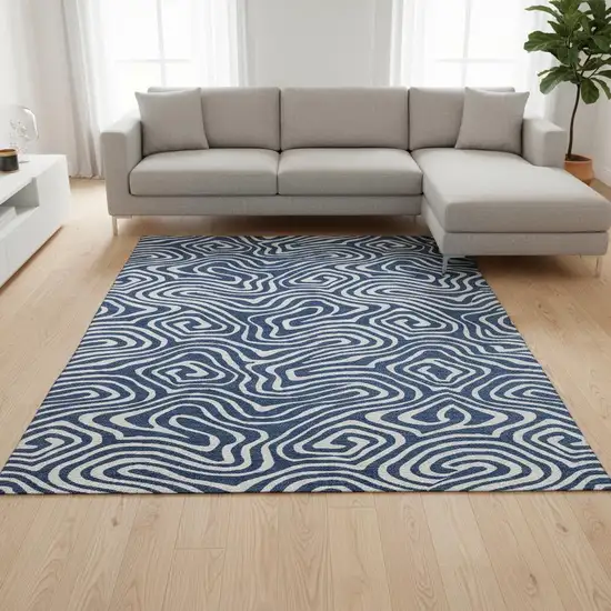 Navy Blue And Ivory Abstract Washable Area Rug With UV Protection Photo 2