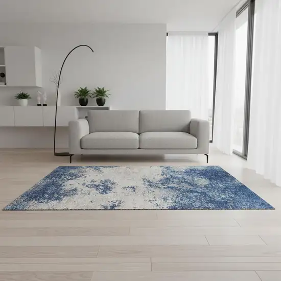 Navy Blue And Ivory Abstract Washable Area Rug With UV Protection Photo 2