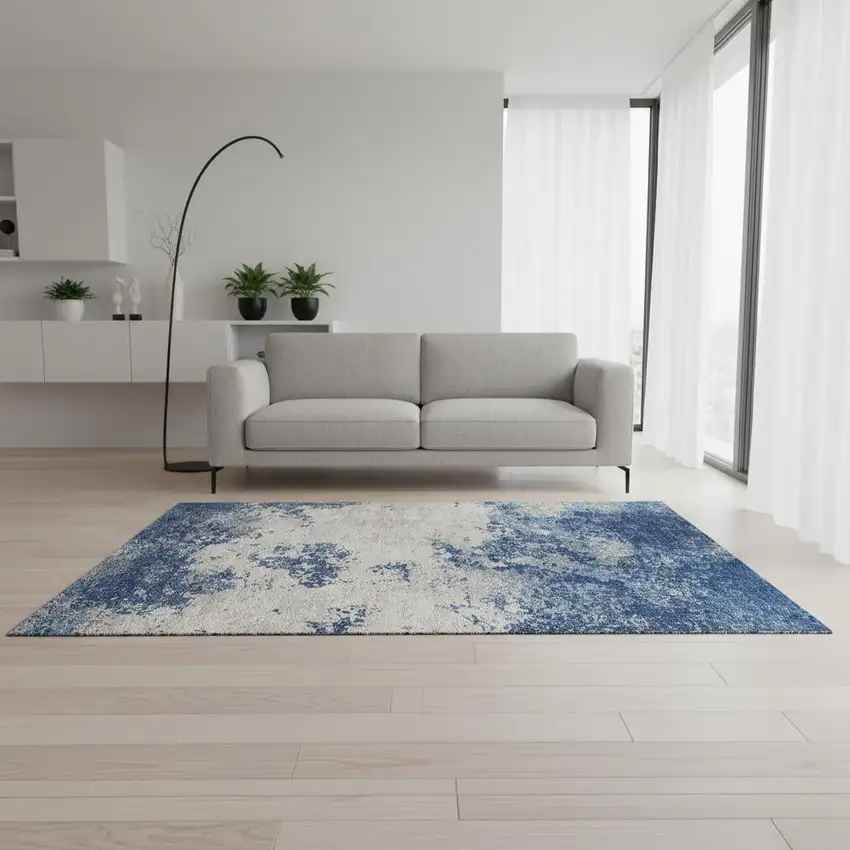 Navy Blue And Ivory Abstract Washable Area Rug With UV Protection Photo 2