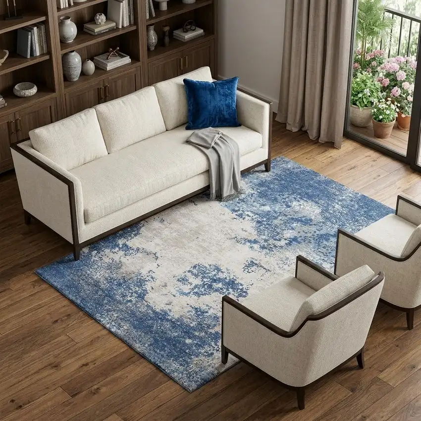 Navy Blue And Ivory Abstract Washable Area Rug With UV Protection Photo 1