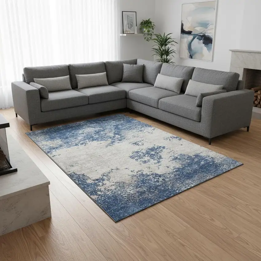 Navy Blue And Ivory Abstract Washable Area Rug With UV Protection Photo 2