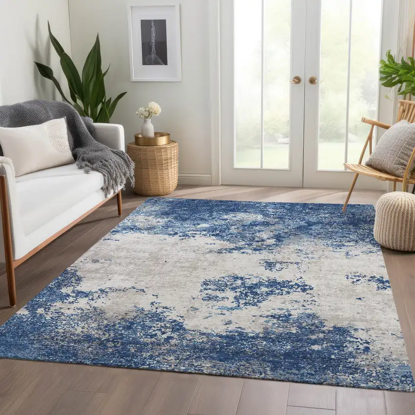 Navy Blue And Ivory Abstract Washable Area Rug With UV Protection Photo 5