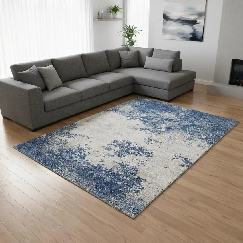 Navy Blue And Ivory Abstract Washable Area Rug With UV Protection Photo 2