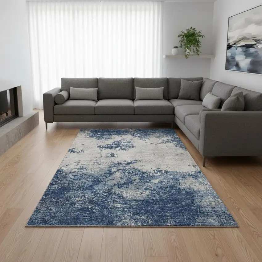 Navy Blue And Ivory Abstract Washable Area Rug With UV Protection Photo 2