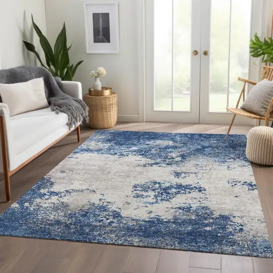 Navy Blue And Ivory Abstract Washable Area Rug With UV Protection Photo 4