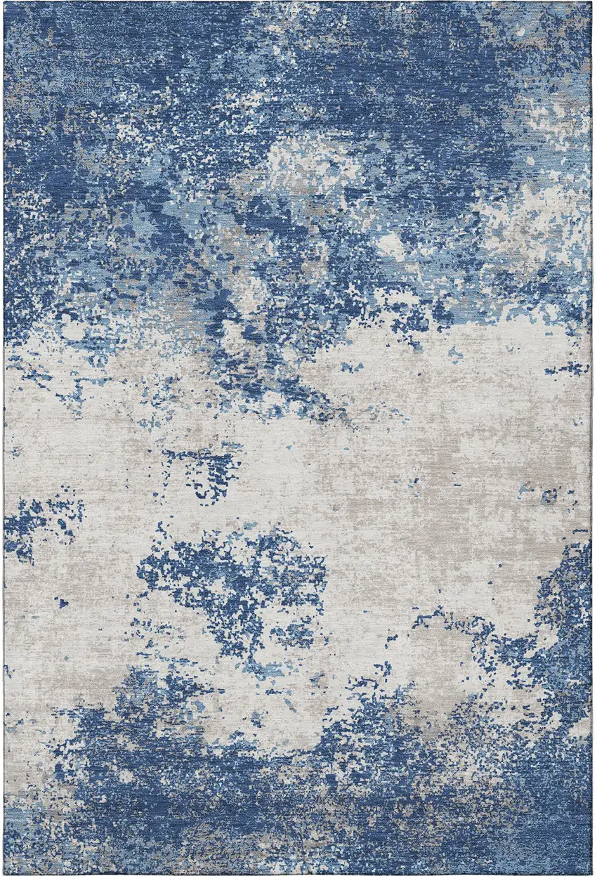 Navy Blue And Ivory Abstract Washable Area Rug With UV Protection Photo 2