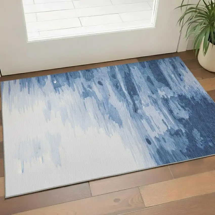 Navy Blue And Ivory Abstract Washable Area Rug With UV Protection Photo 2