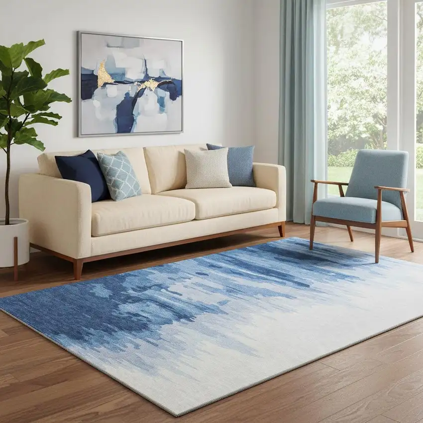 Navy Blue And Ivory Abstract Washable Area Rug With UV Protection Photo 2