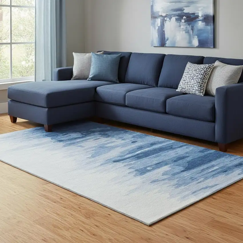 Navy Blue And Ivory Abstract Washable Area Rug With UV Protection Photo 2