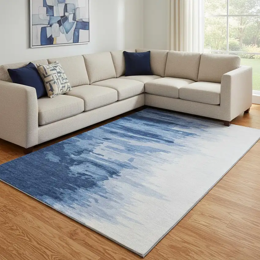 Navy Blue And Ivory Abstract Washable Area Rug With UV Protection Photo 2