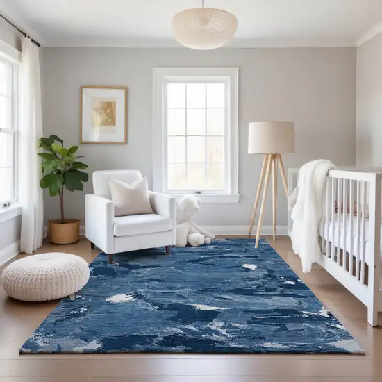 Navy Blue And Ivory Abstract Washable Area Rug With UV Protection Photo 5