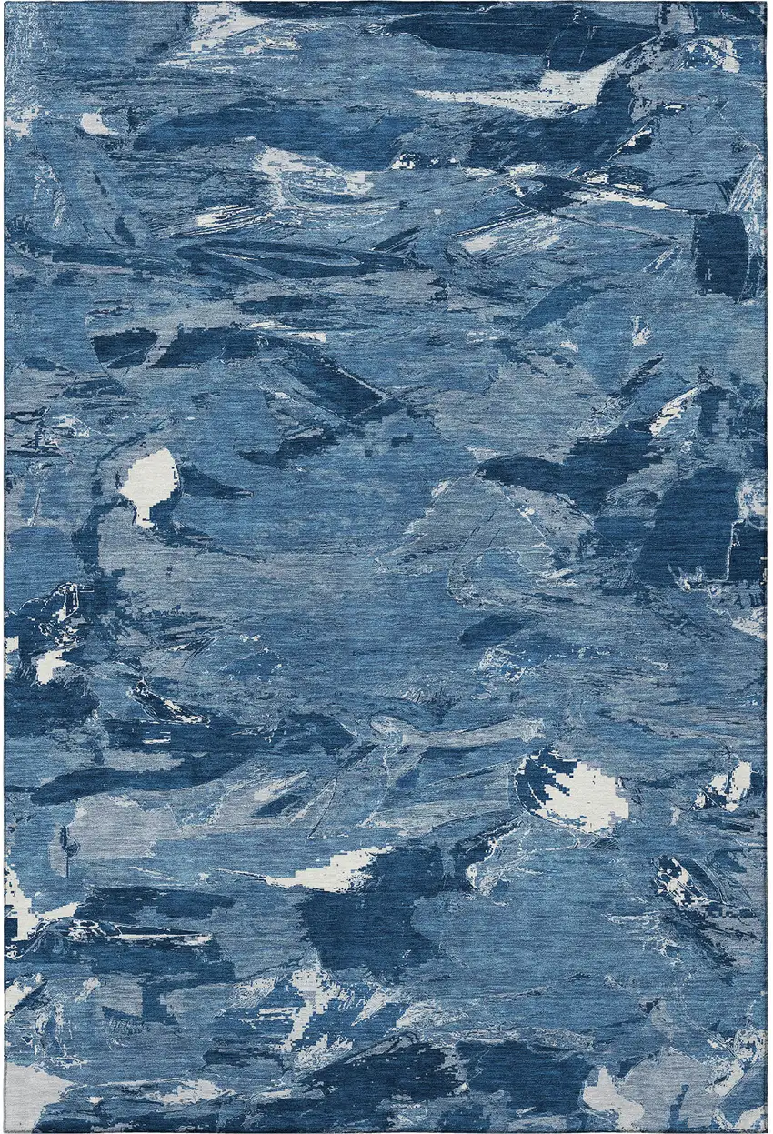 Navy Blue And Ivory Abstract Washable Area Rug With UV Protection Photo 3