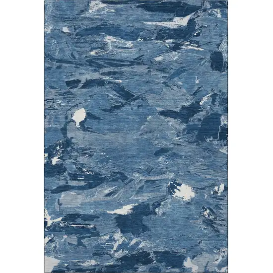 Navy Blue And Ivory Abstract Washable Area Rug With UV Protection Photo 3
