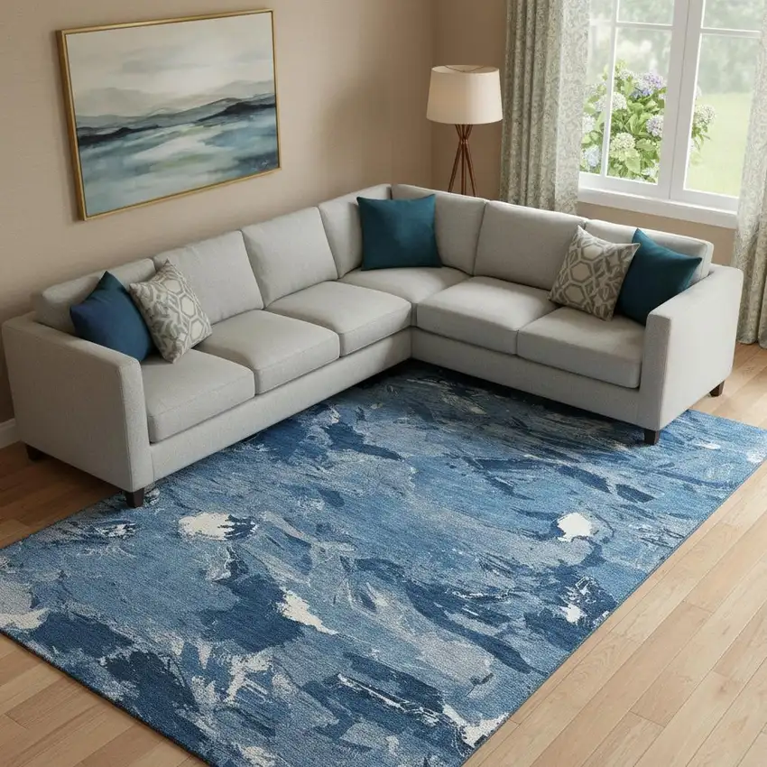 Navy Blue And Ivory Abstract Washable Area Rug With UV Protection Photo 2