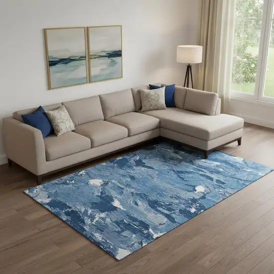 Navy Blue And Ivory Abstract Washable Area Rug With UV Protection Photo 2