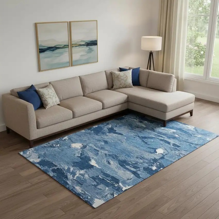 Navy Blue And Ivory Abstract Washable Area Rug With UV Protection Photo 2