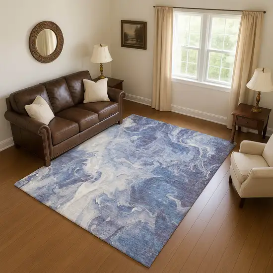 Navy Blue And Ivory Abstract Washable Area Rug With UV Protection Photo 4