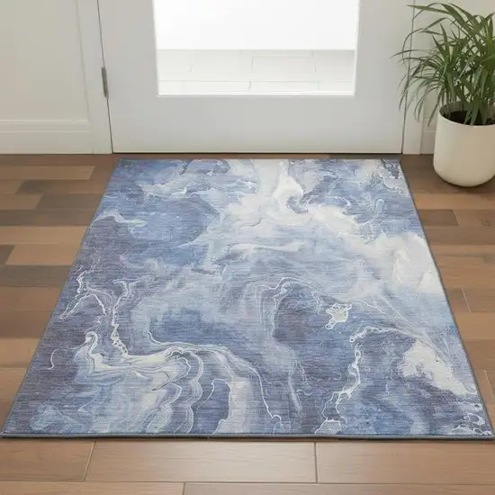 Navy Blue And Ivory Abstract Washable Area Rug With UV Protection Photo 2