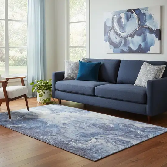 Navy Blue And Ivory Abstract Washable Area Rug With UV Protection Photo 2