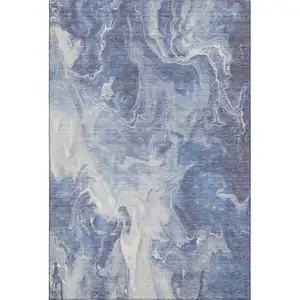 Photo of Navy Blue And Ivory Abstract Washable Area Rug With UV Protection