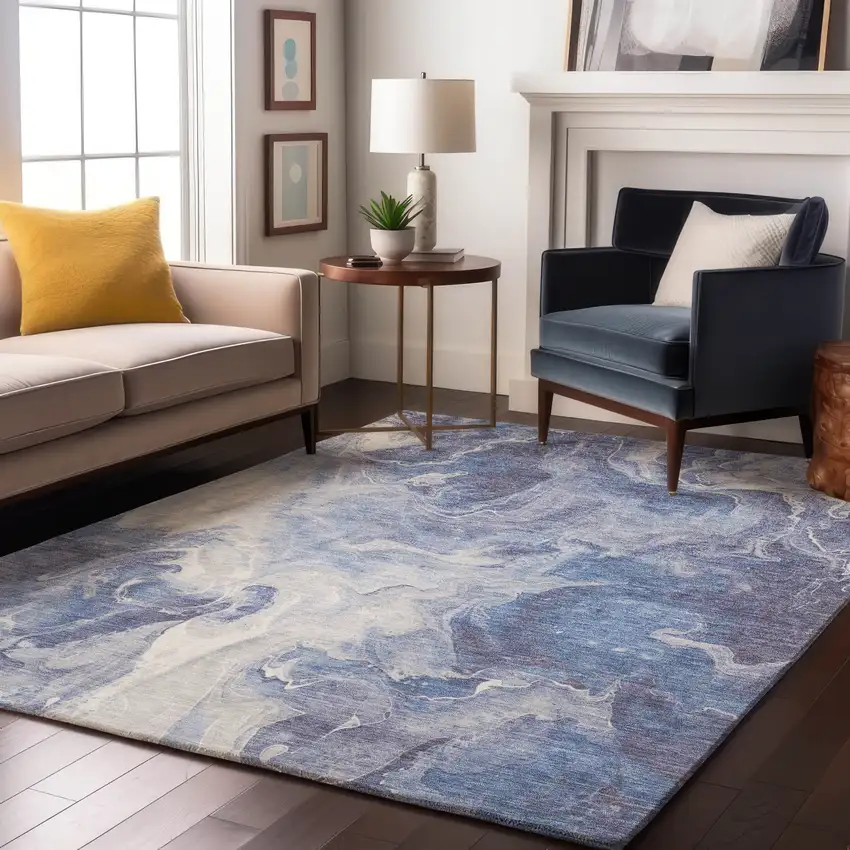 Navy Blue And Ivory Abstract Washable Area Rug With UV Protection Photo 4