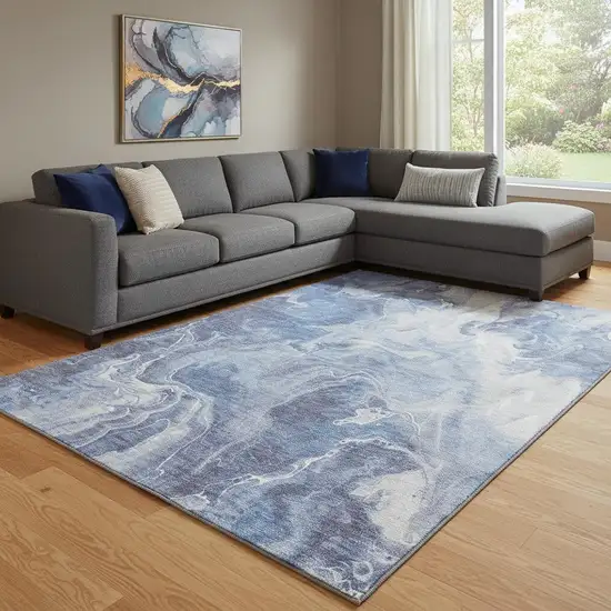 Navy Blue And Ivory Abstract Washable Area Rug With UV Protection Photo 2