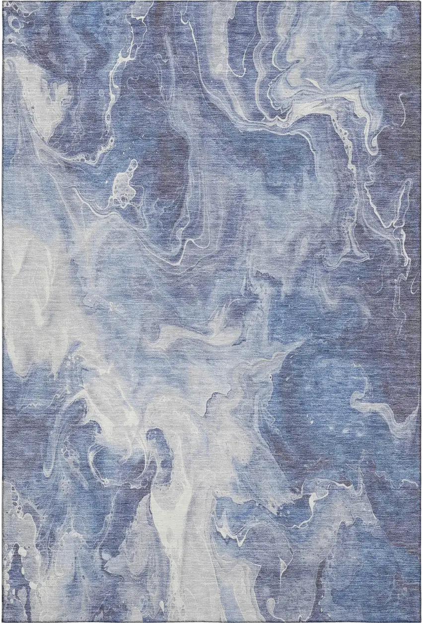 Navy Blue And Ivory Abstract Washable Area Rug With UV Protection Photo 1