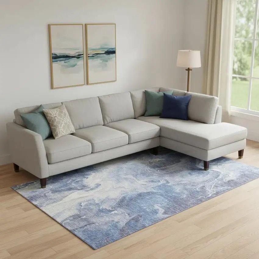 Navy Blue And Ivory Abstract Washable Area Rug With UV Protection Photo 2