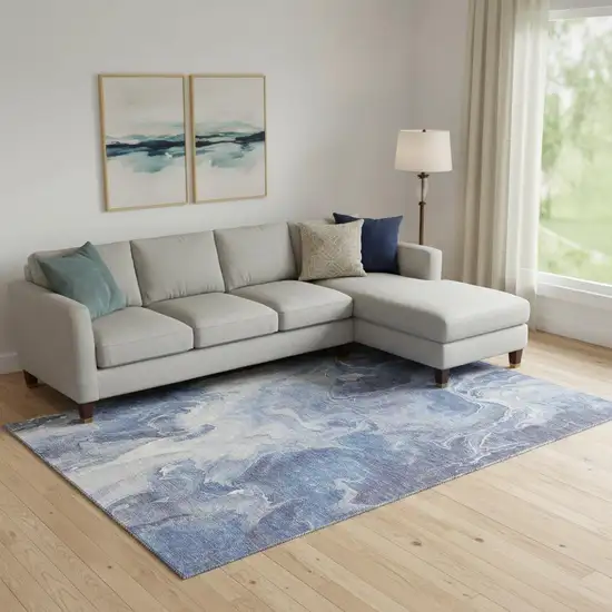 Navy Blue And Ivory Abstract Washable Area Rug With UV Protection Photo 2