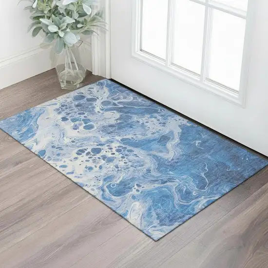 Navy Blue And Ivory Abstract Washable Area Rug With UV Protection Photo 2