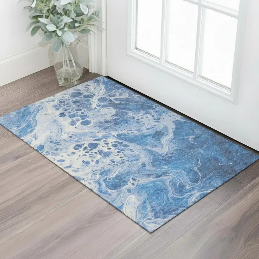 Navy Blue And Ivory Abstract Washable Area Rug With UV Protection Photo 2