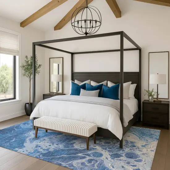 Navy Blue And Ivory Abstract Washable Area Rug With UV Protection Photo 3