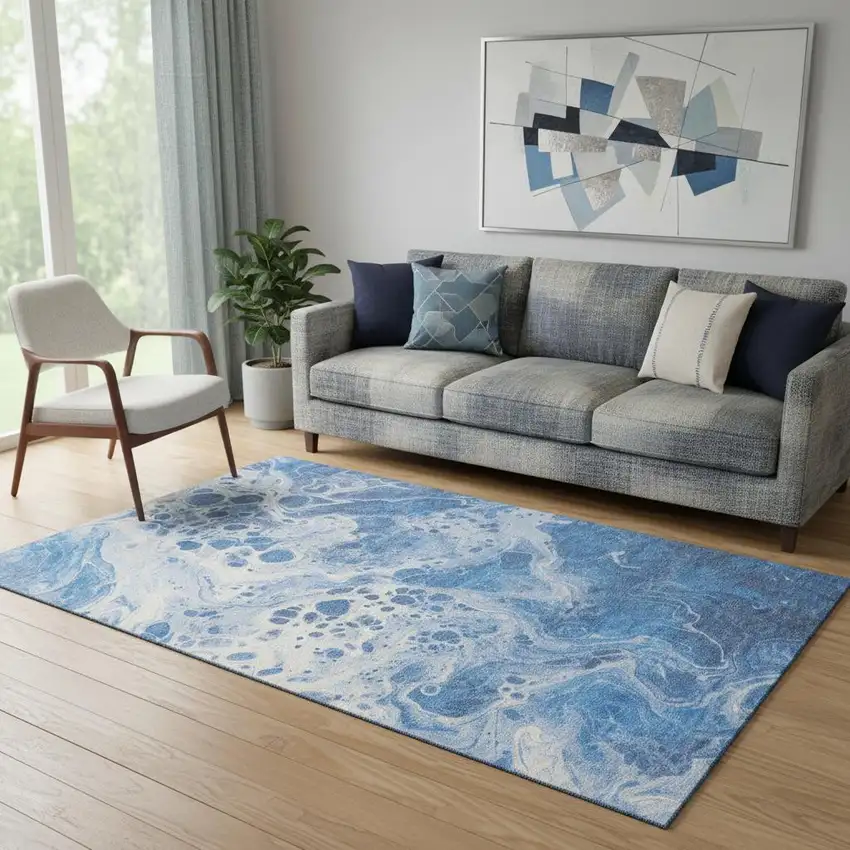 Navy Blue And Ivory Abstract Washable Area Rug With UV Protection Photo 2