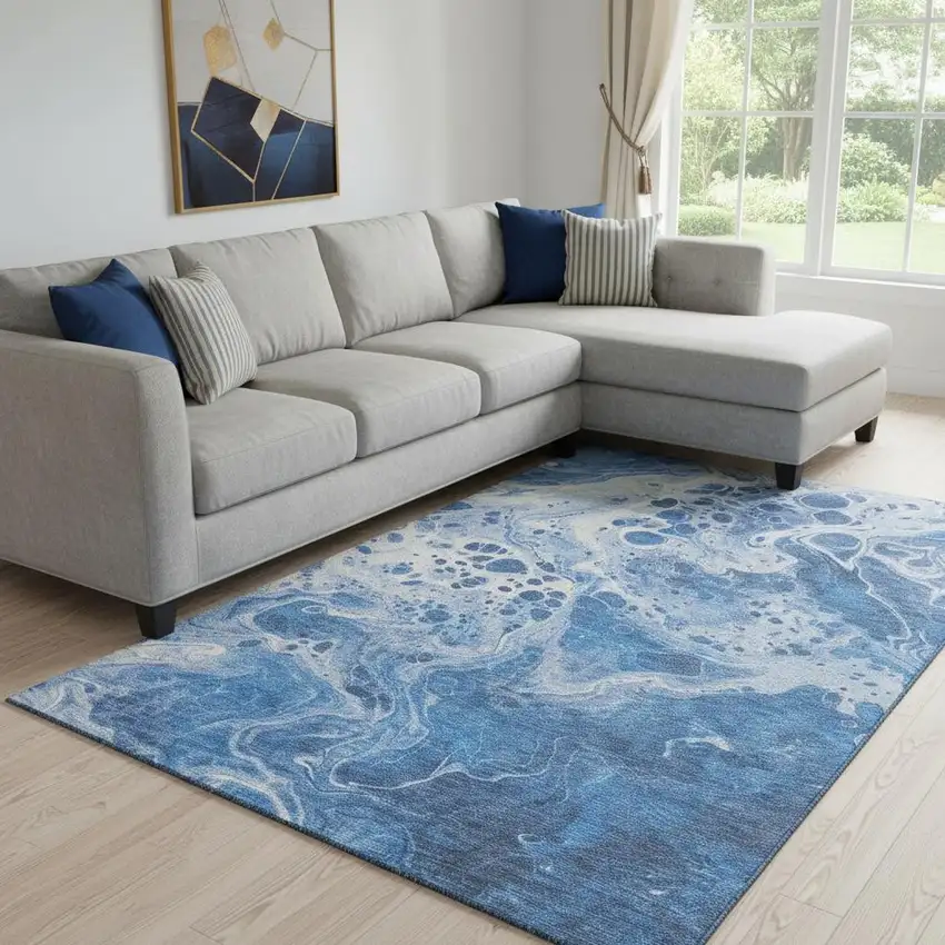 Navy Blue And Ivory Abstract Washable Area Rug With UV Protection Photo 2