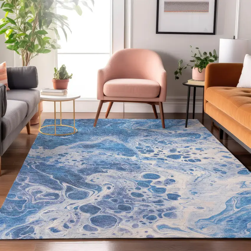 Navy Blue And Ivory Abstract Washable Area Rug With UV Protection Photo 5