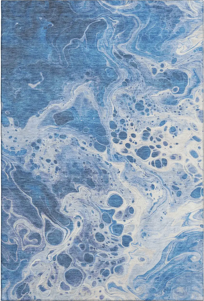 Navy Blue And Ivory Abstract Washable Area Rug With UV Protection Photo 1