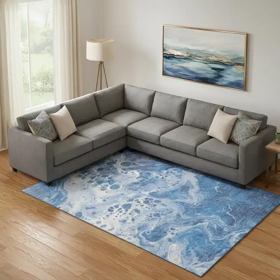 Navy Blue And Ivory Abstract Washable Area Rug With UV Protection Photo 2